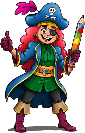 Capitã Giz, uma personagem pirata com cabelo vermelho, segurando um lápis colorido gigante e fazendo sinal de positivo